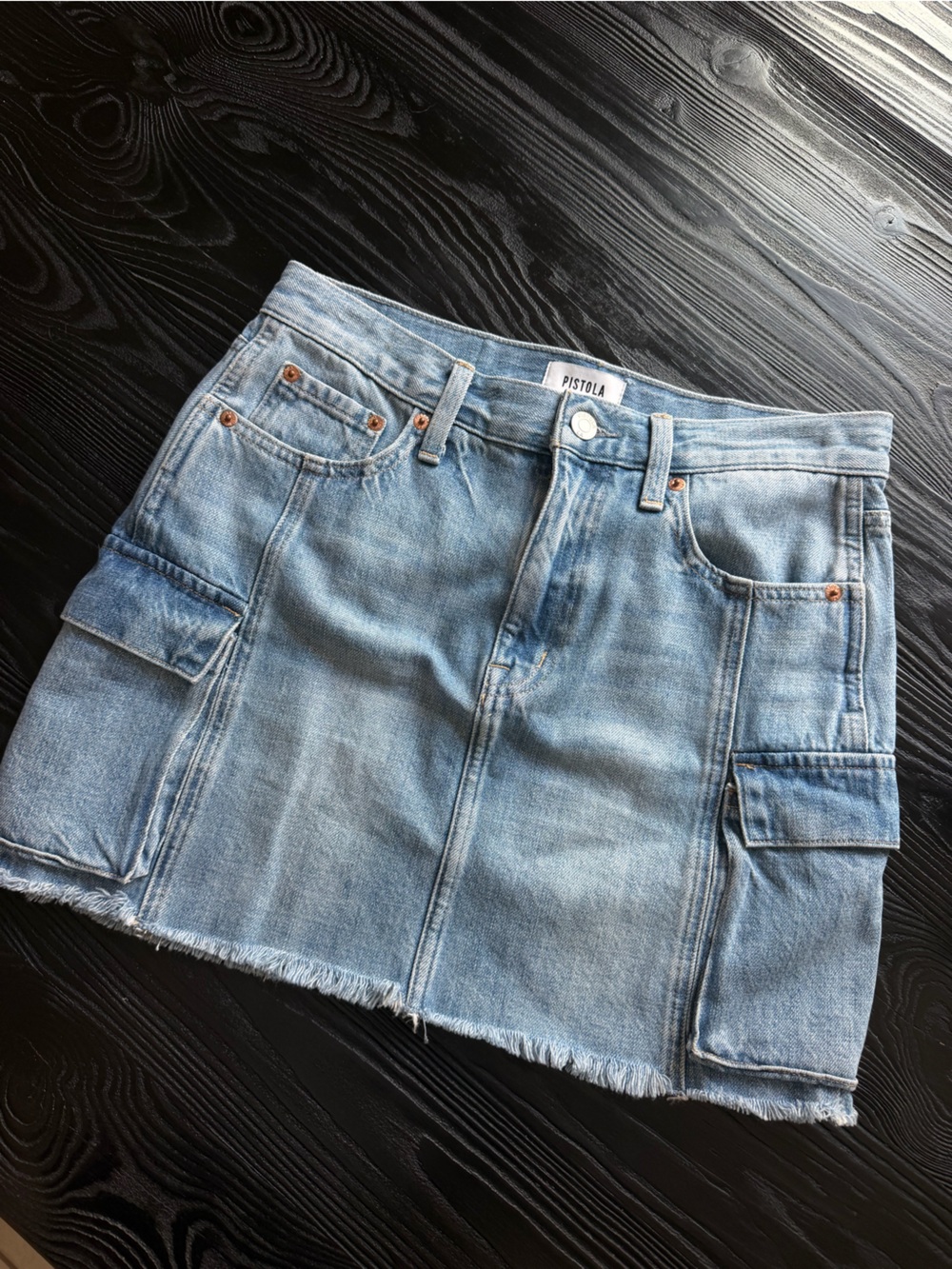 pistola Light Blue Denim Skirt with Frayed Hem